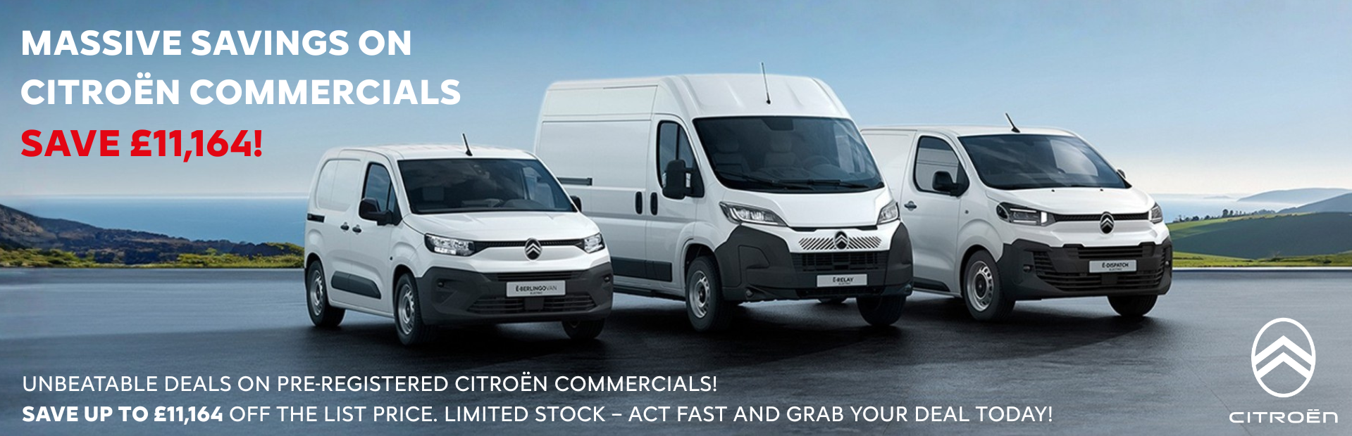 Three Citroën commercial vans in a line, with promotional text above.