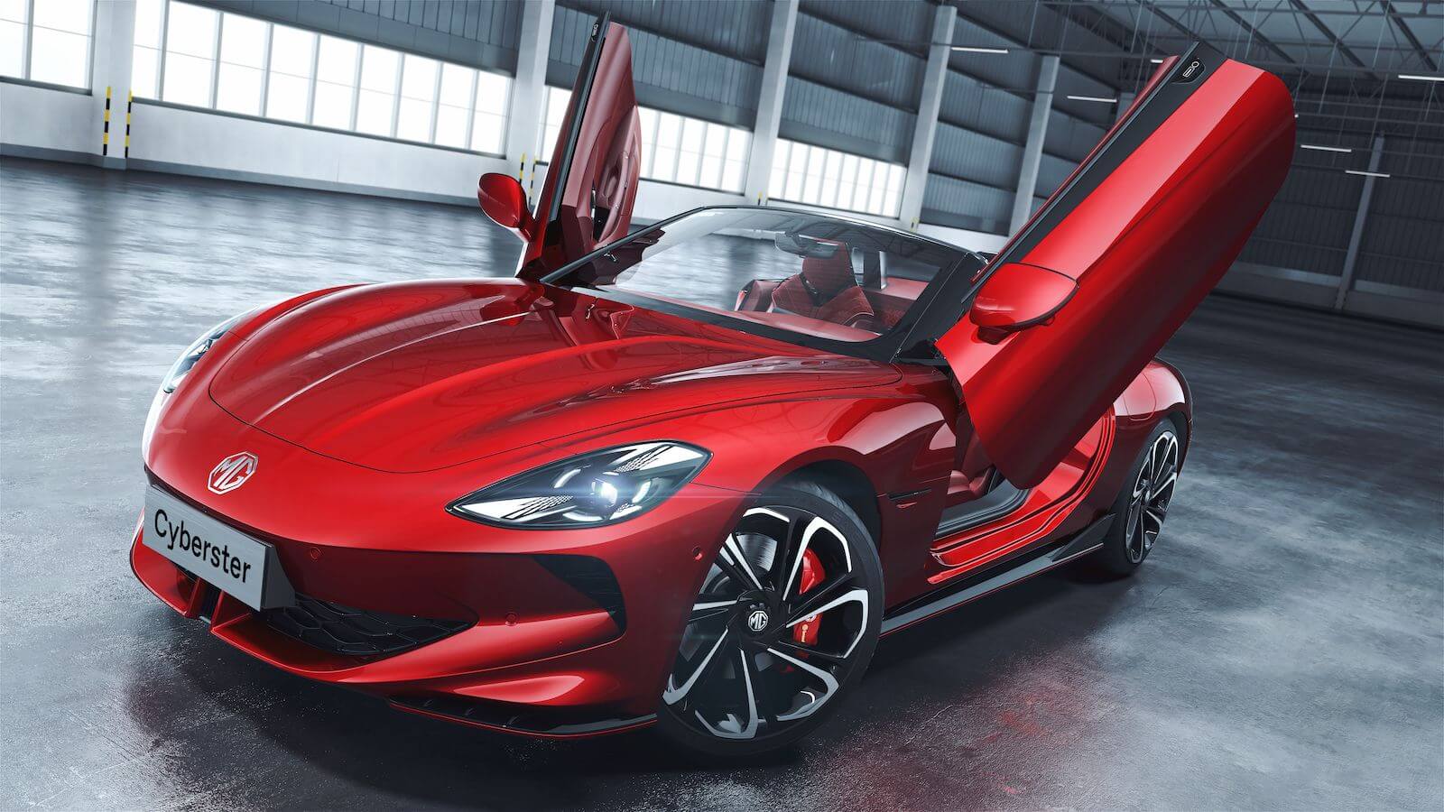 Red MG Cyberster sports car with scissor doors open.