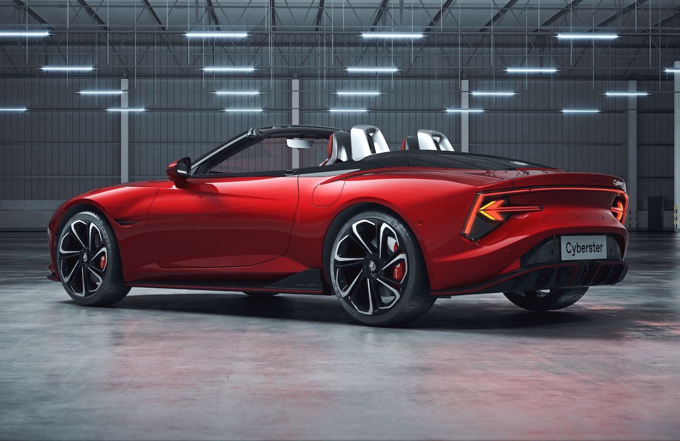 Red MG Cyberster shown from the rear side.