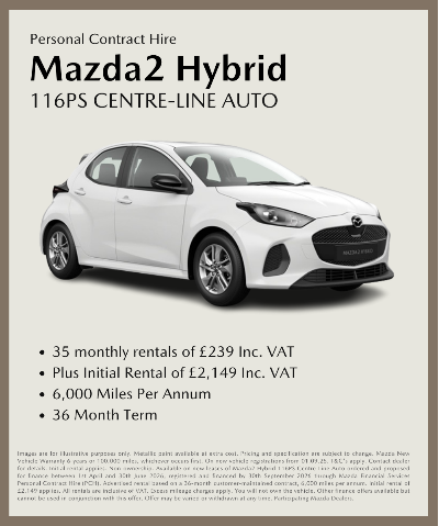 Mazda2 Hybrid car and rental information displayed on a promotional poster.
