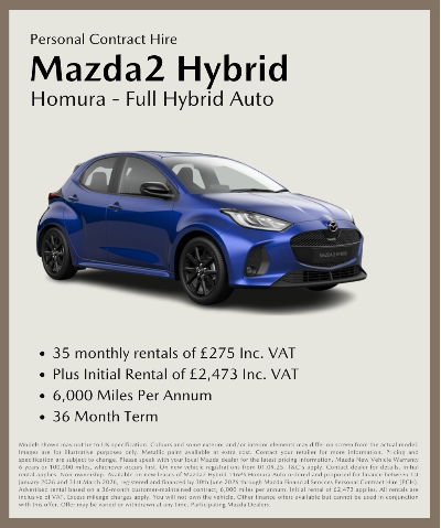 Mazda2 Hybrid Homura, blue car, lease details: £275/month, £2,473 initial, 6,000 miles/year.