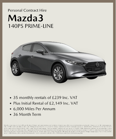 Mazda3 140PS PRIME-LINE car with leasing details and rental costs displayed.