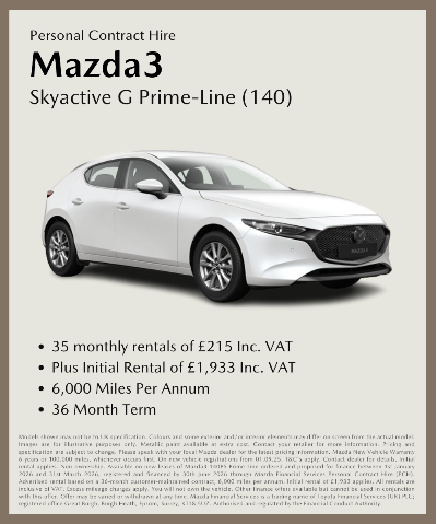 Mazda3 Skyactiv G Prime-Line car with finance details displayed on the left.