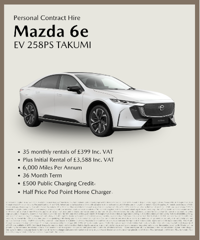 Mazda 6e EV 258PS TAKUMI with contract hire details and features displayed.