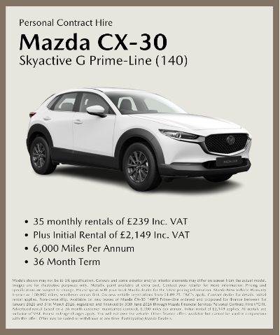 Mazda CX-30 Skyactive G Prime-Line with contract hire details and rental information.