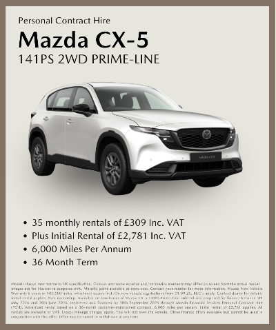 Mazda CX-5 contract hire details with vehicle image and pricing information.