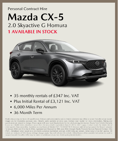 Mazda CX-5 2.0 Skyactiv G Homura with rental details displayed.