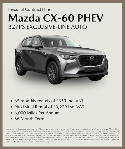 Mazda CX-60 PHEV car leasing offer with details on pricing and contract terms.