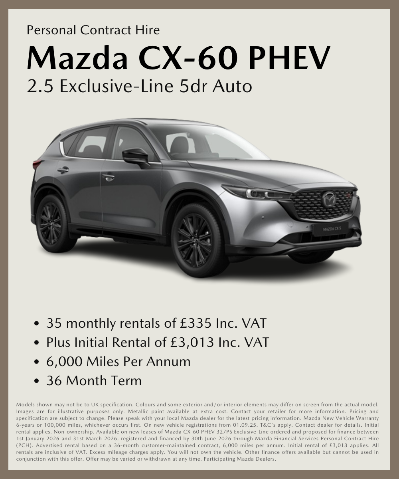 Mazda CX-60 PHEV offer details with car image and rental information displayed.