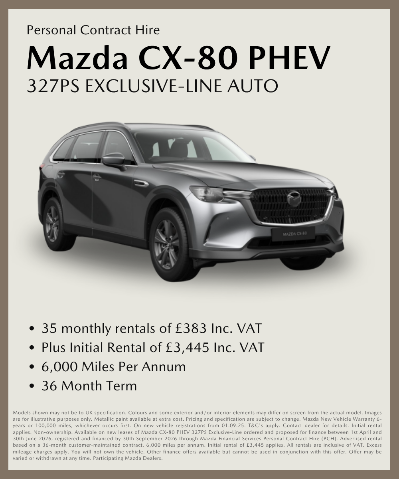 Mazda CX-80 PHEV with rental details and pricing information displayed.