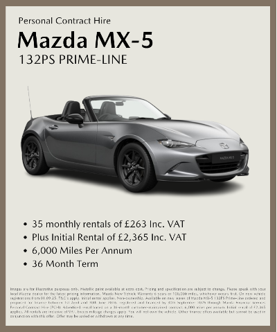 Mazda MX-5 132PS Prime-Line convertible car with hire details displayed.