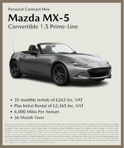 Mazda MX-5 convertible offer details with car image.