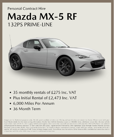 Mazda MX-5 RF 132PS PRIME-LINE silver car with contract hire details listed.