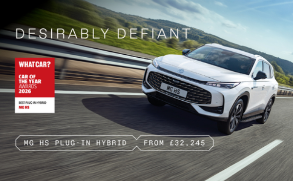 White MG HS Plug-in Hybrid car driving on a road, labeled with pricing and awards.