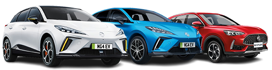 Three electric cars in white, blue, and red, viewed side by side from the front angle.