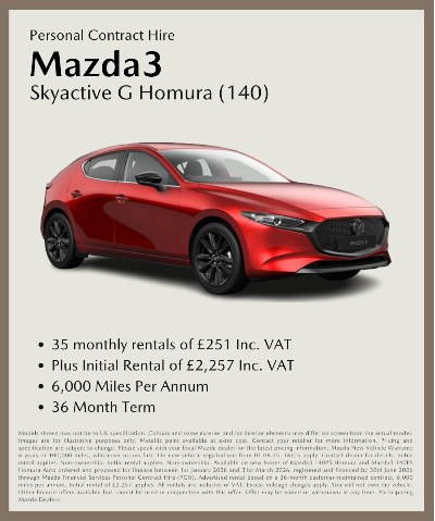 Red Mazda3 Skyactive G Homura car with leasing terms listed beside it.