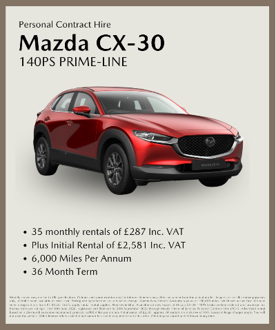 Red Mazda CX-30 140PS PRIME-LINE with rental terms and pricing details.