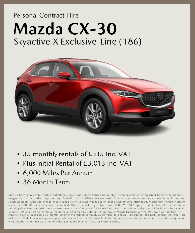 Red Mazda CX-30 Skyactiv X Exclusive-Line car with contract hire details displayed.