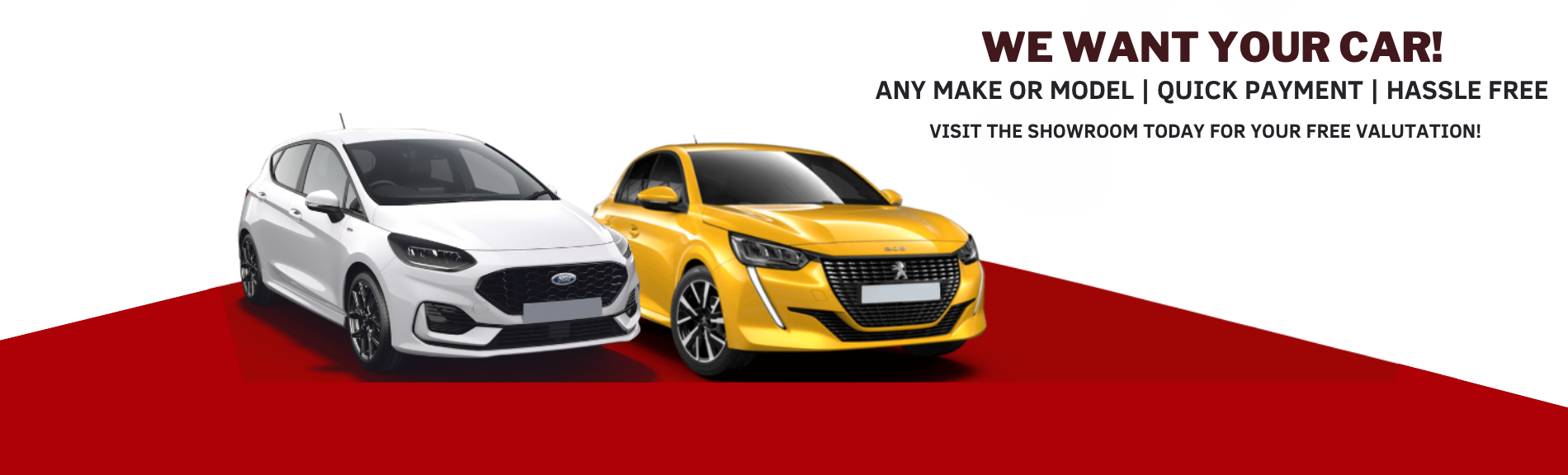Two cars, one white and one yellow, with a text reading We want your car!