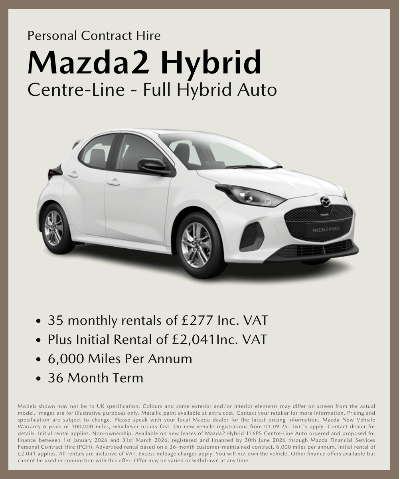 White Mazda2 Hybrid car with lease details and terms displayed.