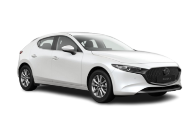 White Mazda 3 hatchback viewed from the front-left angle.